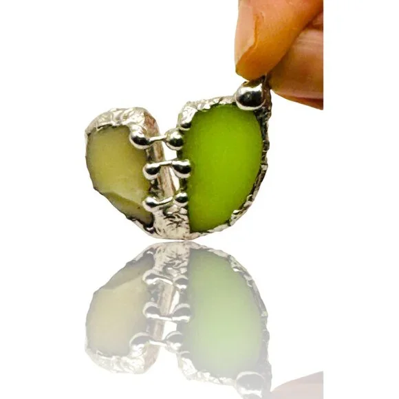 Vaseline Glass “Mended” Heart Pendant Bezel Artisan Crafted Glowing Glass - Picture 6 of 17